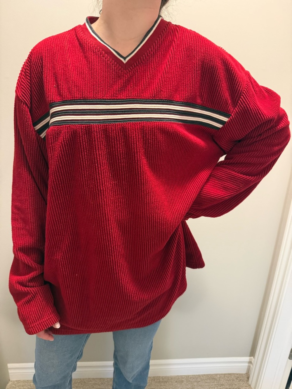 Red V-Neck Striped Ribbed Sweater